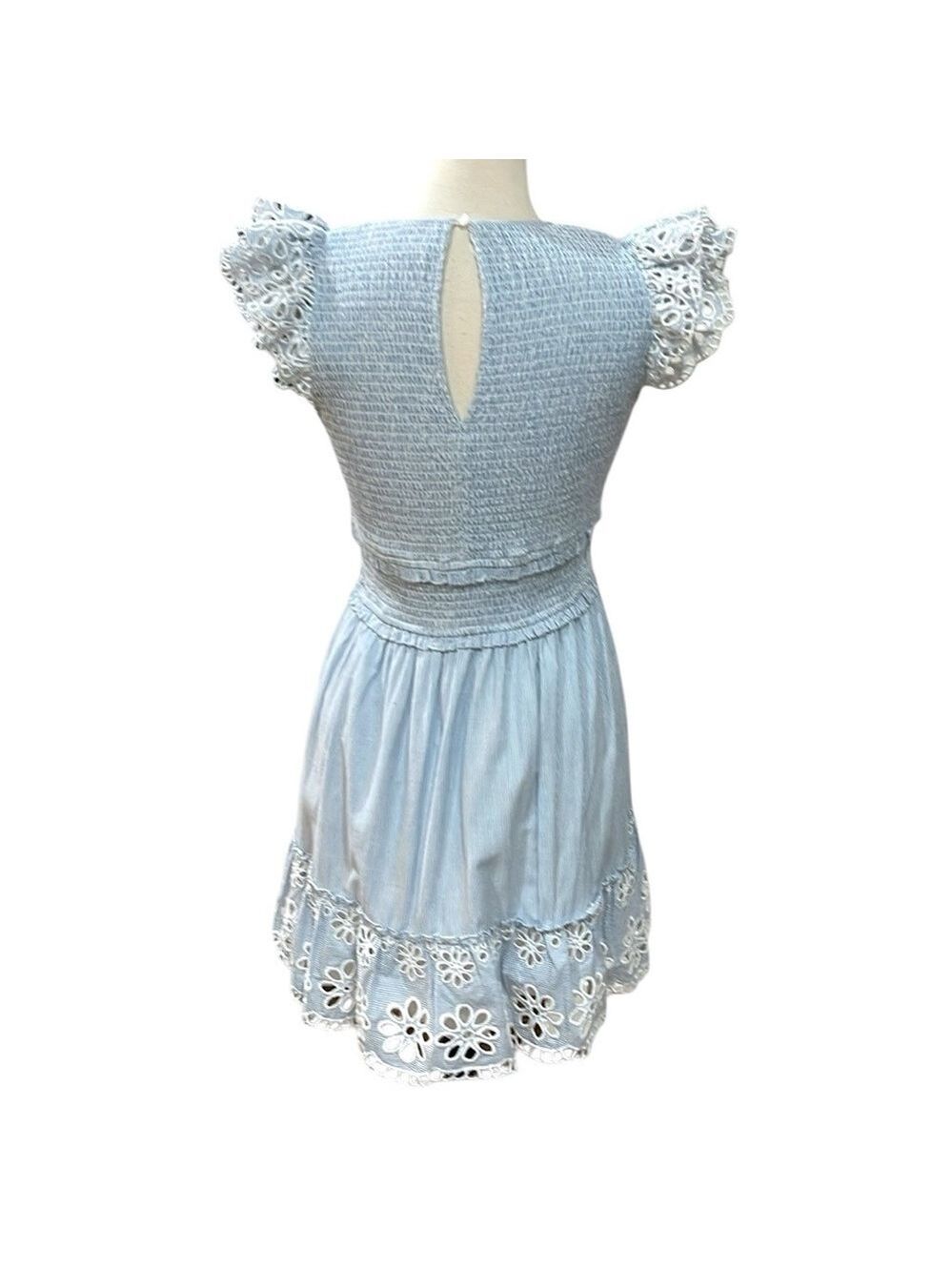SAYLOR Zinnia Smocked Eyelet Mini Dress Yankee Pinstripe SZ M Blue White - Picture 7 of 10